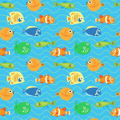 Naklejka na ściany i meble Seamless decorative background from multi-colored tropical fish