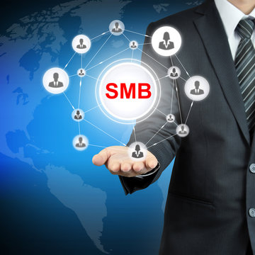 SMB (or Small and Medium-sized Businesses) sign on businessman hand