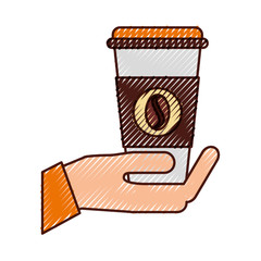 hand human with coffee plastic cup icon vector illustration design