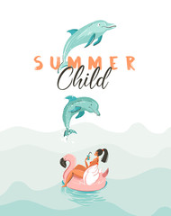 Hand drawn vector creative cartoon summer time poster with jumping dolphins,girl on pink flamingo float circle and modern typography quote Summer Child isolated on white background.