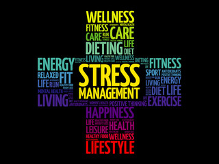 Stress Management word cloud, health cross concept