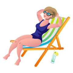 Young woman sunbathing lying on the beach in a deck-chair.