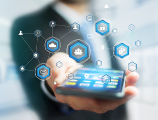 Business network connection displayed on a futuristic interface with technology icon - Worldwide business concept