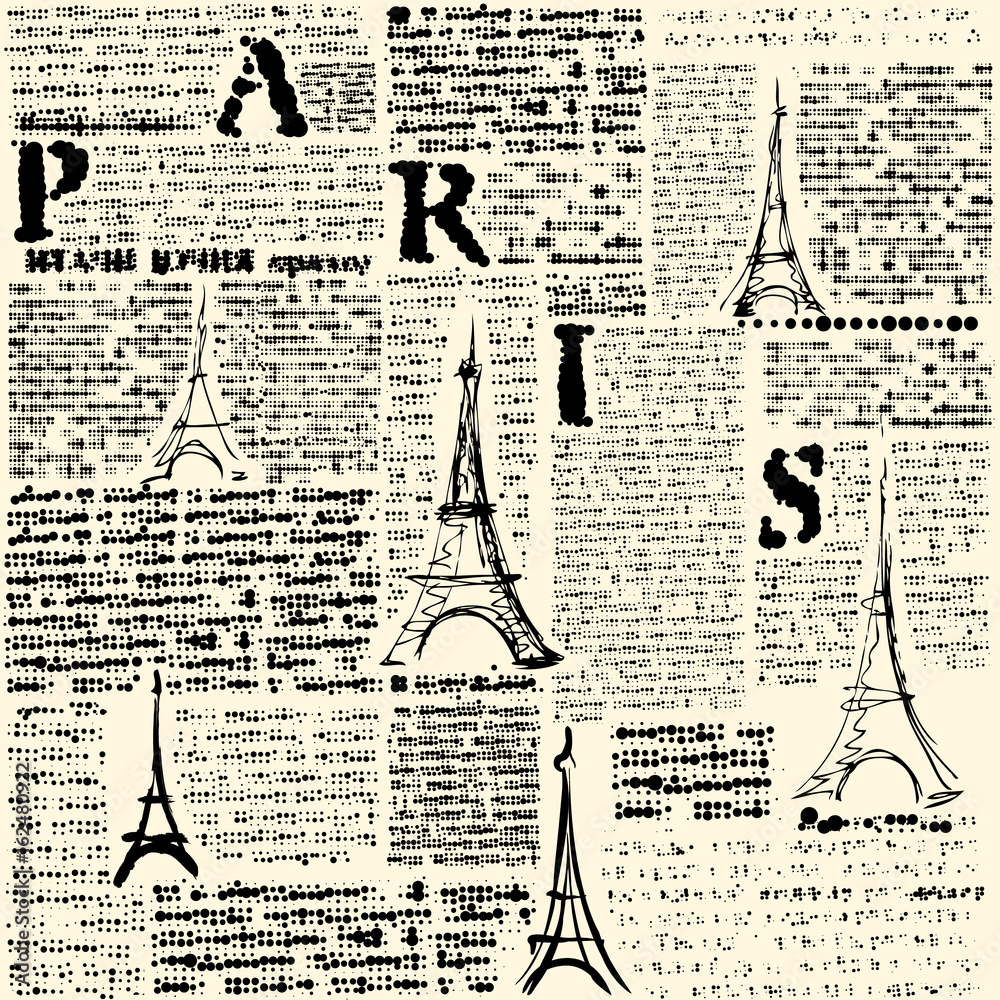 Poster Seamless background pattern. Imitation of a newspaper with halftone word of Paris.