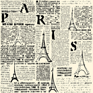 Seamless background pattern. Imitation of a newspaper with halftone word of Paris.
