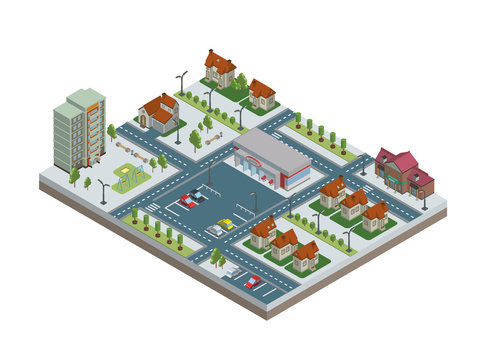Isometric city with buildings, parking and store. Downtown and suburbs. Vector illustration, isolated on white background.
