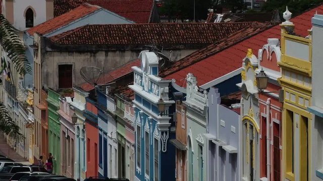 Shot of bright facade of old houses in historic centre of Olinda, Brazil