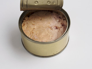 Tuna canned on white background