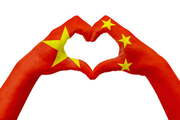 Obraz premium Hands flag of China, shape a heart. Concept of country symbol, isolated on white.