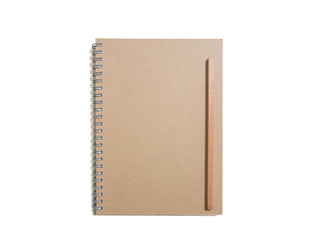 top view of notebook  with new wood pencil isolated on white background