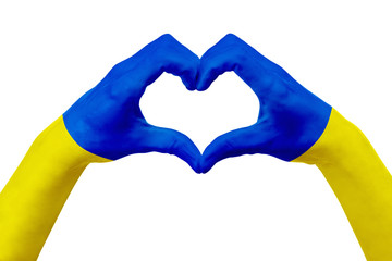 Hands flag of Ukraine, shape a heart. Concept of country symbol, isolated on white.