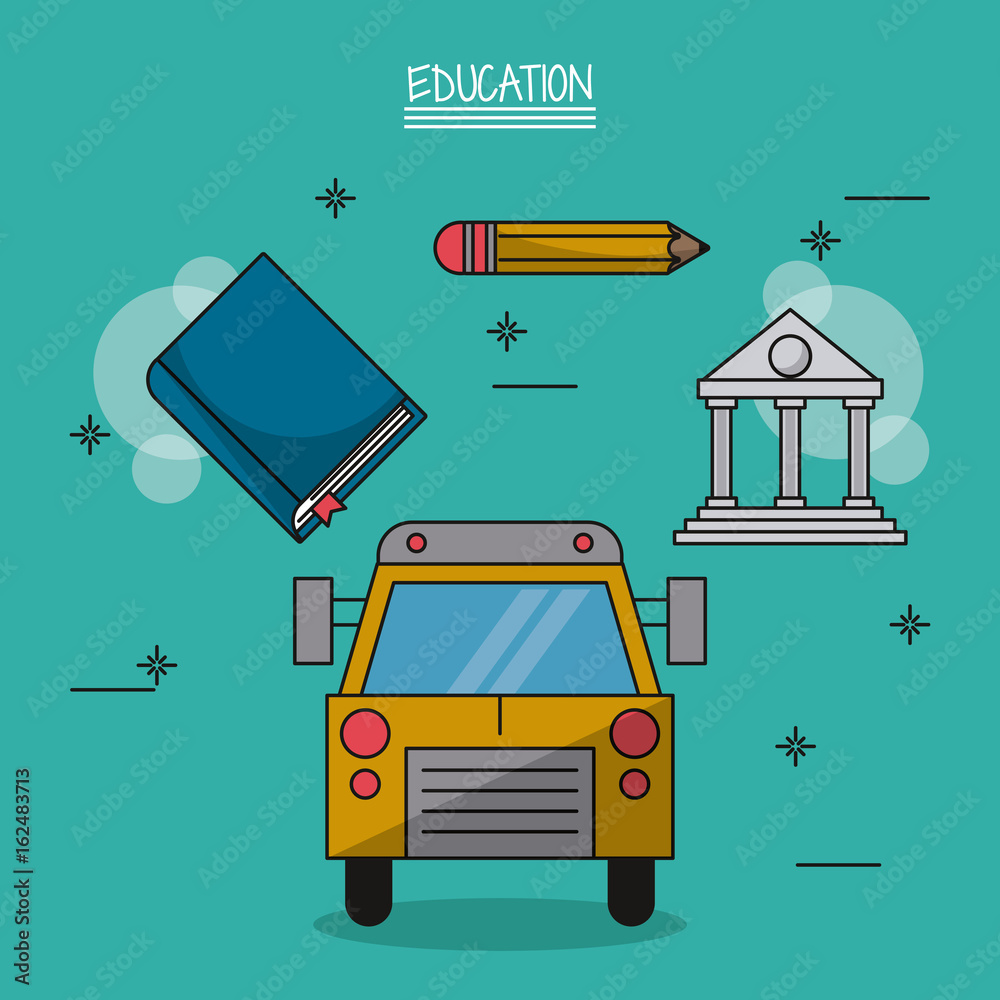 Sticker colorful poster of education with school bus in closeup and icons of book and pencil and parthenon