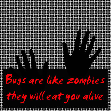 zombie hands on metal mesh screen black and red illustration