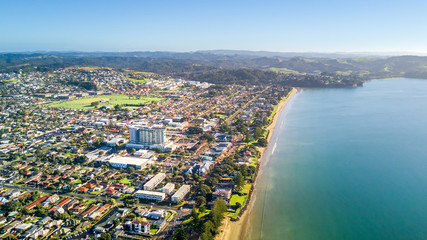 Fototapeta premium Aerial view on sunny beach with residential suburb on the background. Auckland, New Zealand.
