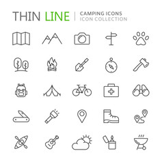 Collection of camping thin line icons