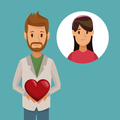 colorful poster half body bearded man holding a heart and icon with face woman