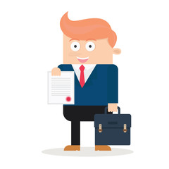 smiling cool caucasian businessman character ready go to work bring briefcase and certificate or business contract flat cartoon vector illustration