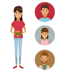 colorful poster full body young woman with hamburger food and icon of set people