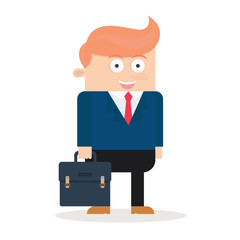 smiling cool caucasian businessman character ready go to work holding briefcase flat cartoon vector illustration