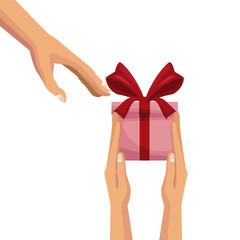 white background with colorful hands giving a gift to other palm human