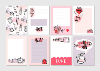 Hand drawn vector abstract creative girlie printable journaling cards template set collection in pink pastel colors with graphic trendy fashion elements isolated on white background