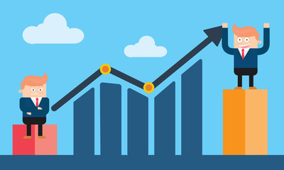 cool smiling caucasian businessman character standing on profit chart flat cartoon vector illustration