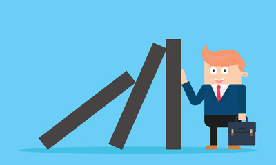 cool caucasian businessman character stopping domino effect flat cartoon vector illustration