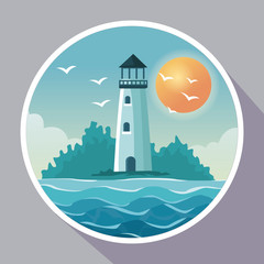 colorful poster with circular frame of seaside with lighthouse in coast with sun in the sky