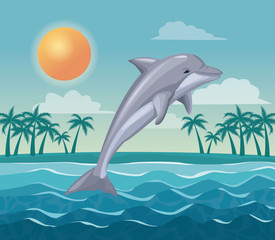 colorful poster sky landscape of palm trees on the beach and dolphin jump in the waves