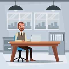 colorful background workplace office with executive man sitting in a table desk in front of computer