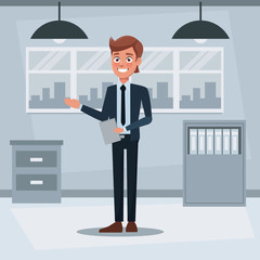 colorful background workplace office with executive young man standing with documents