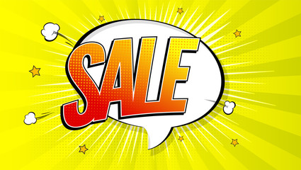 Sale pop art splash background, explosion in comics book style. Advertising signboard, price reduction, sale with halftone dots, cloud beams light on yellow backdrop. Vector for ad, covers, posters.