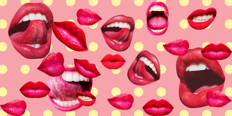 Background greeting card for female lips, romance, love and St. Valentine's Day. Lips with red lipstick isolated on pink background, yellow circles.Open mouths of girl with tongue, teeth, set collage