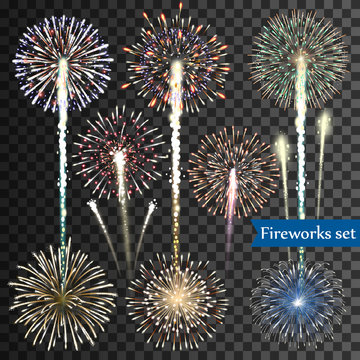 Set of isolated vector fireworks on transparent background