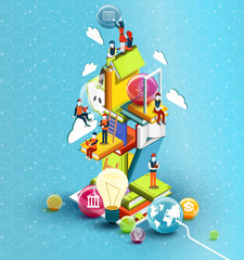 A tower of books with reading people.  Educational concept. Online library. Online education isometric flat design on blue background. Vector illustration