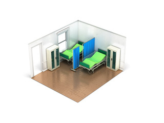 Isometric medical room 3d render on white background