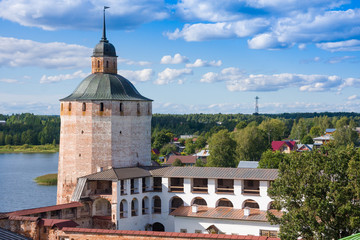 Fortress tower and wall of Kirillo-Belozersky monastery near City Kirillov, Vologda region, Russia