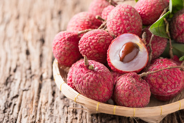 fresh organic lychee fruit on basket