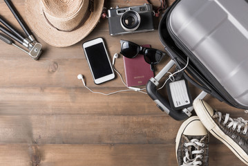 Travel accessories costumes. Passports, luggage, camera