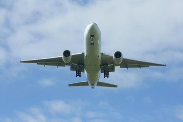 Fototapeta na wymiar Passenger Airplane Landing with cloud and blue sky