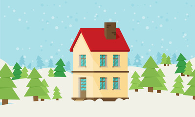 Christmas card with house in flat style vector.