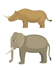 Cartoon funny rhinoceros and elephant Isolated on white background