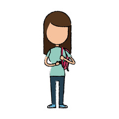 girl school student cartoon young holding backpack