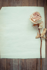 Dried faded roses on old paper on wooden background