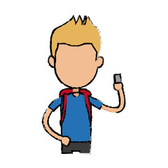 boy cartoon student young character with smartphone and backpack