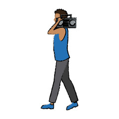 man character walking holding stereo radio listen music