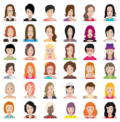 Set of people icons in flat style with faces. Vector women character