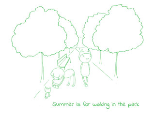 Hand drawn vector illustration of funny cartoon creatures in jump suits and hats, text Summer is for walking in the park