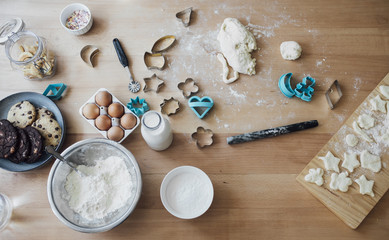From above photo of ingredients for making pastry cookies on kitchen table.