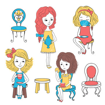 Girls with tea and chairs